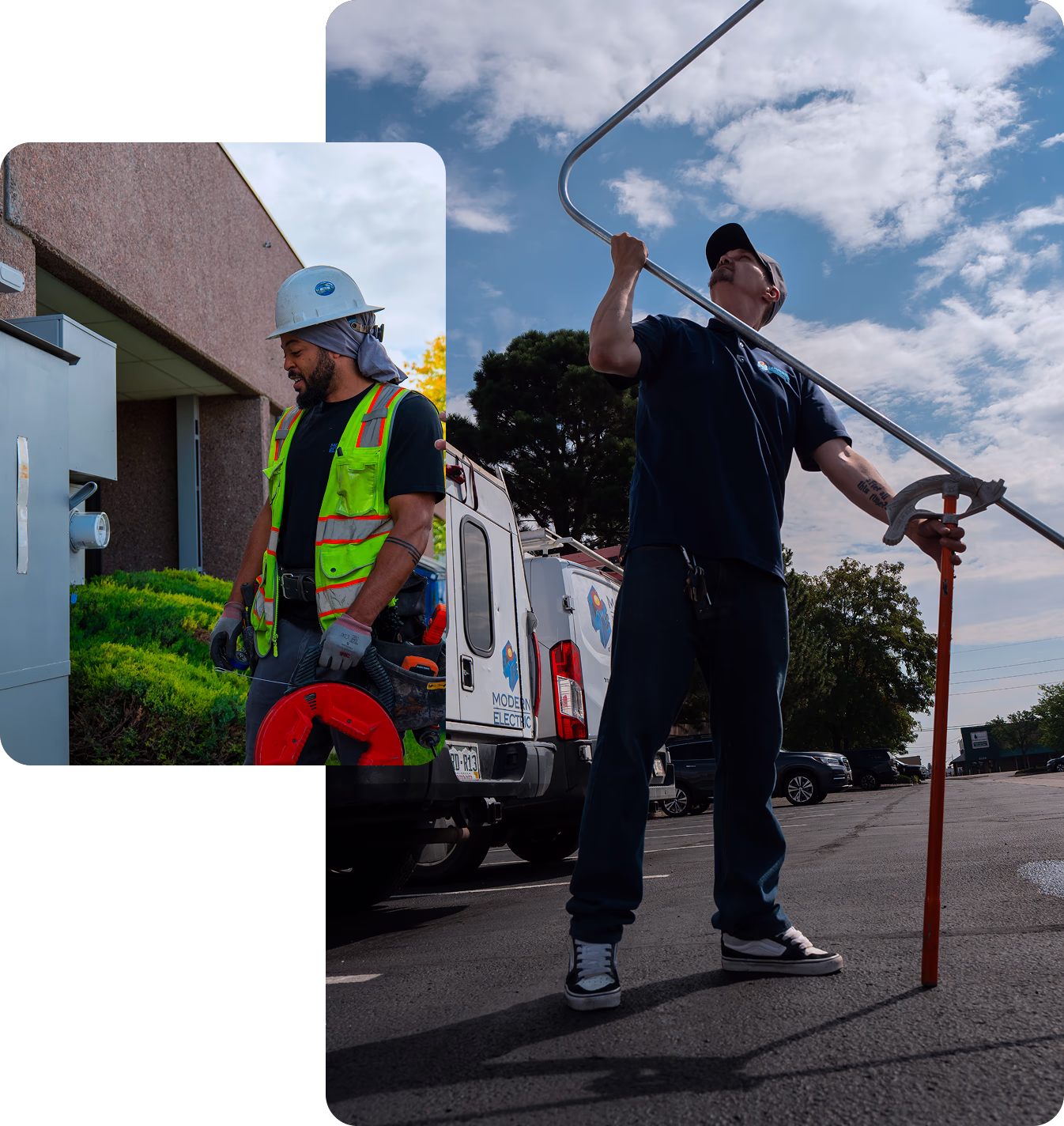 Modern Electric electricians in Wheat Ridge, CO, one carrying a cable reel past a company truck, another bending conduit