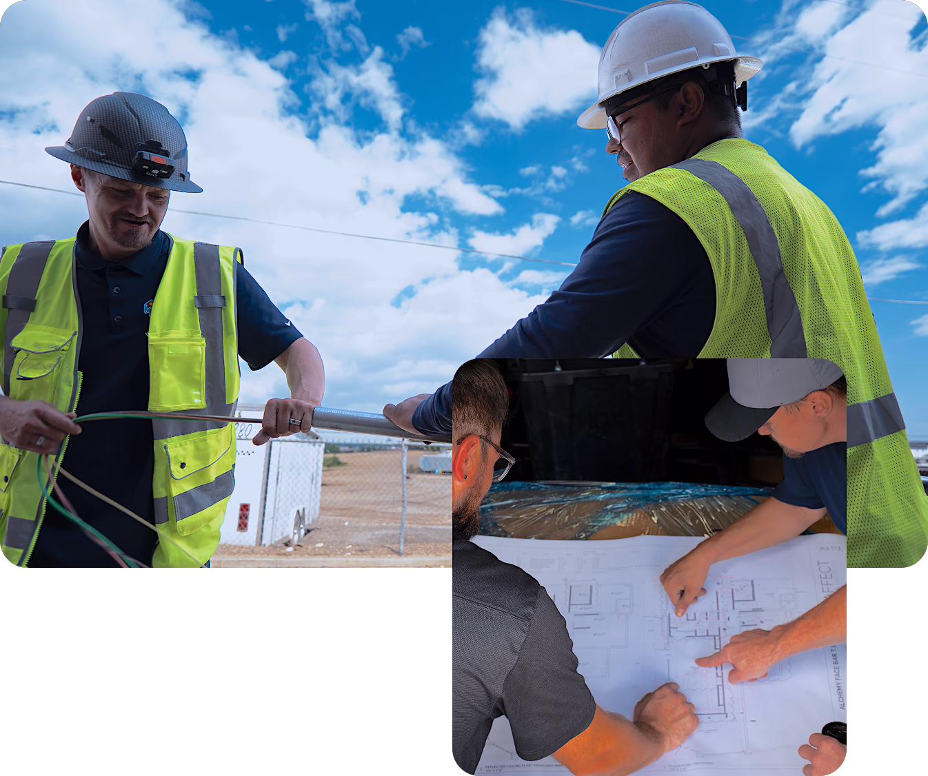 Modern Electric electricians on site, one pulling 
wire through conduit while others review project blueprints