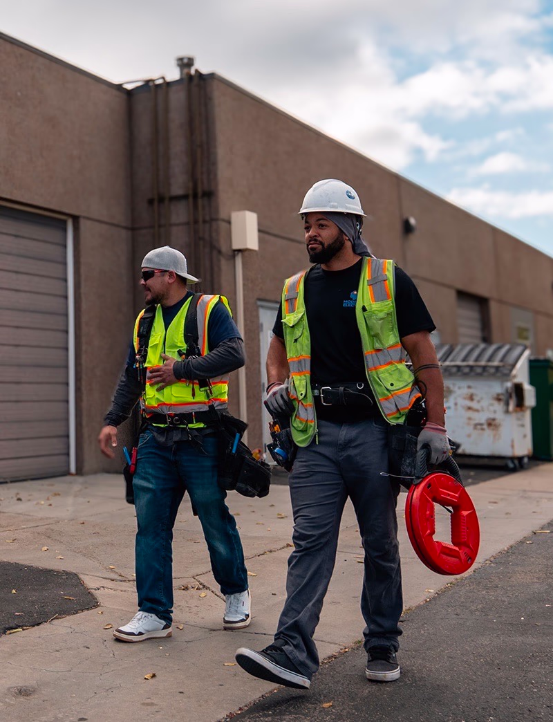 Two Modern Electric electricians in hi-vis vests walking to a commercial job site, one carrying a red fish tape reel