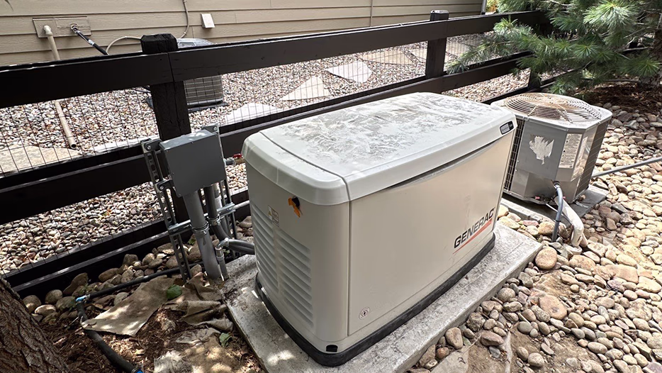 Generac whole-home standby generator installed 
on a concrete pad beside a backyard fence and AC condenser in Colorado