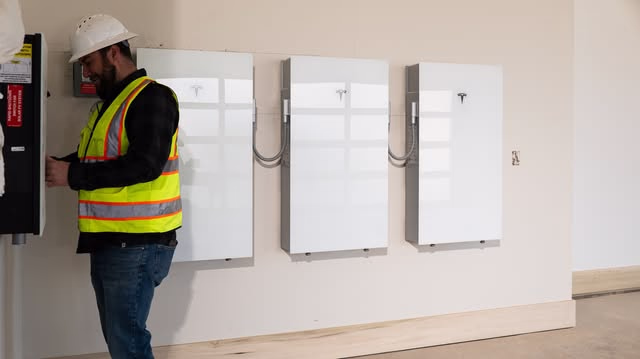 Three Tesla Powerwall home battery units 
installed side by side on a garage wall by Modern Electric